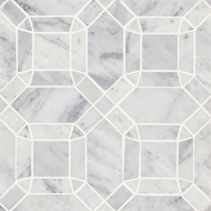 An overhead display of Monet White Carrara Honed Marble Mosaic 1 reveals soft gray veining against a pristine white background, exuding classic sophistication.