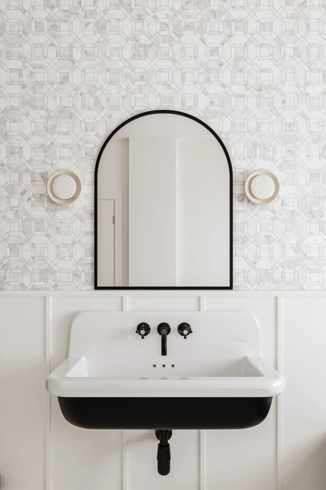 A seamless fusion of tradition and luxury, Monet Oriental White honed marble mosaic enhances surfaces with delicate veining and a soft honed texture.