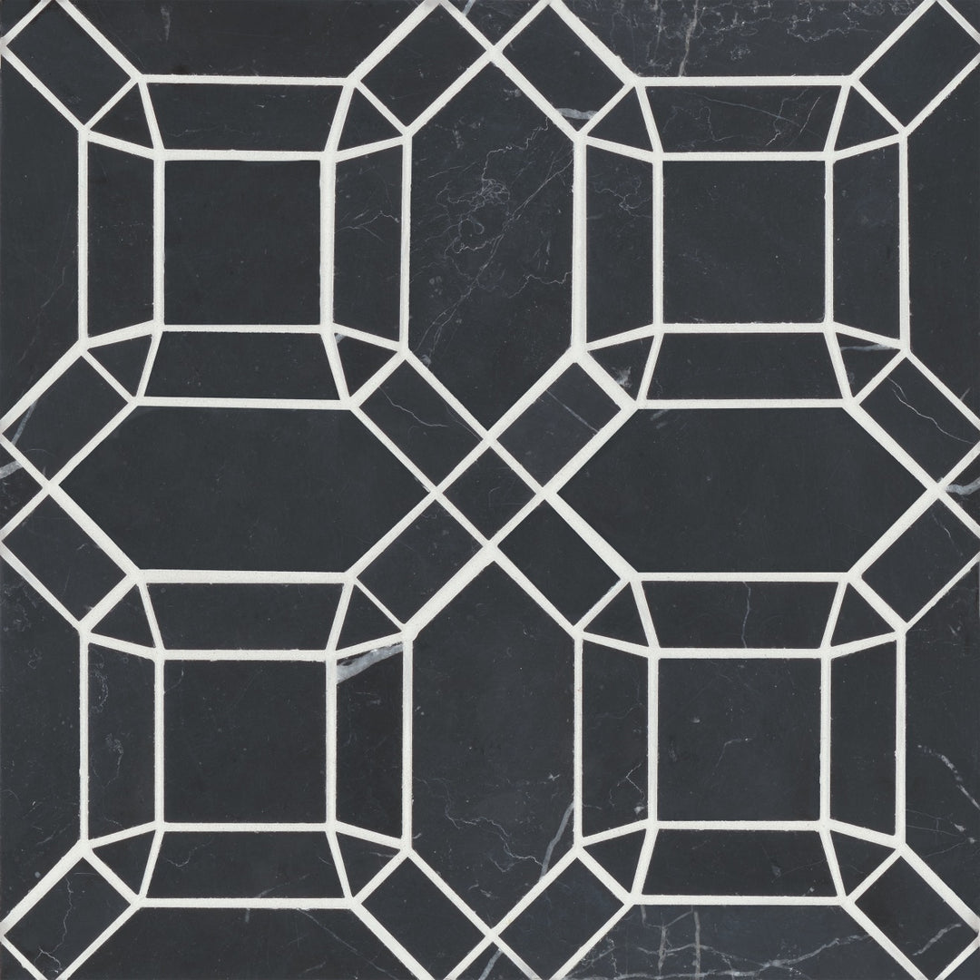 A top-down perspective of Monet Nero Marquina Honed Marble Mosaic 1 showcases deep black tones laced with bold white streaks, delivering a luxurious and timeless appeal.