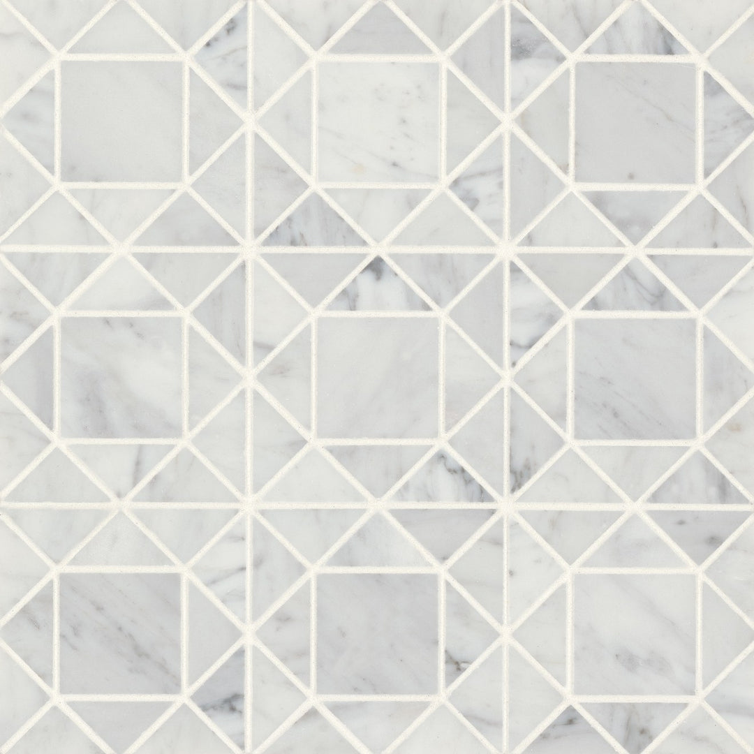 A seamless aerial view of Monet White Carrara Honed Marble Mosaic 2 emphasizes its soft veining and polished surface, making it a refined choice for any décor.