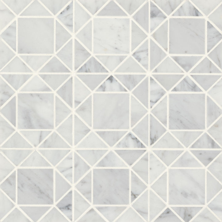 A seamless aerial view of Monet White Carrara Honed Marble Mosaic 2 emphasizes its soft veining and polished surface, making it a refined choice for any décor.