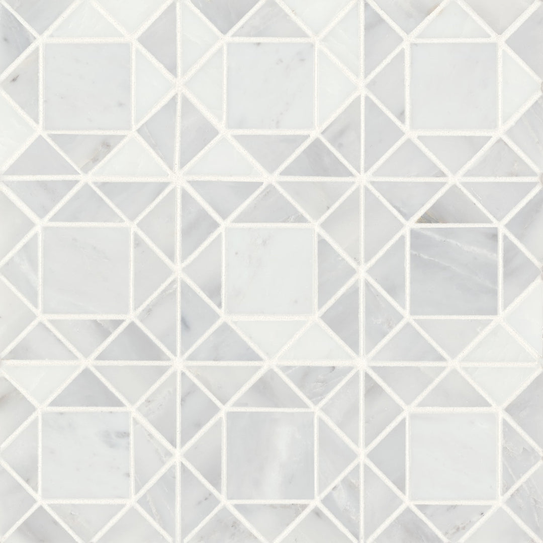 An overhead shot of Monet Oriental White Honed Marble Mosaic 2 presents a crisp white surface with delicate gray accents, offering an effortlessly chic aesthetic.