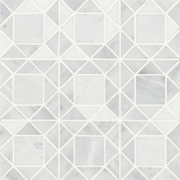 An overhead shot of Monet Oriental White Honed Marble Mosaic 2 presents a crisp white surface with delicate gray accents, offering an effortlessly chic aesthetic.