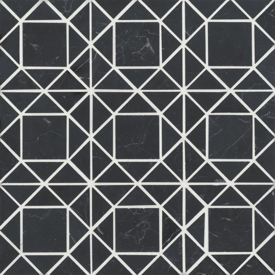 A flat-lay visualization of Monet Nero Marquina Honed Marble Mosaic 2 highlights its bold contrast between rich black hues and striking white veins, making a bold statement.