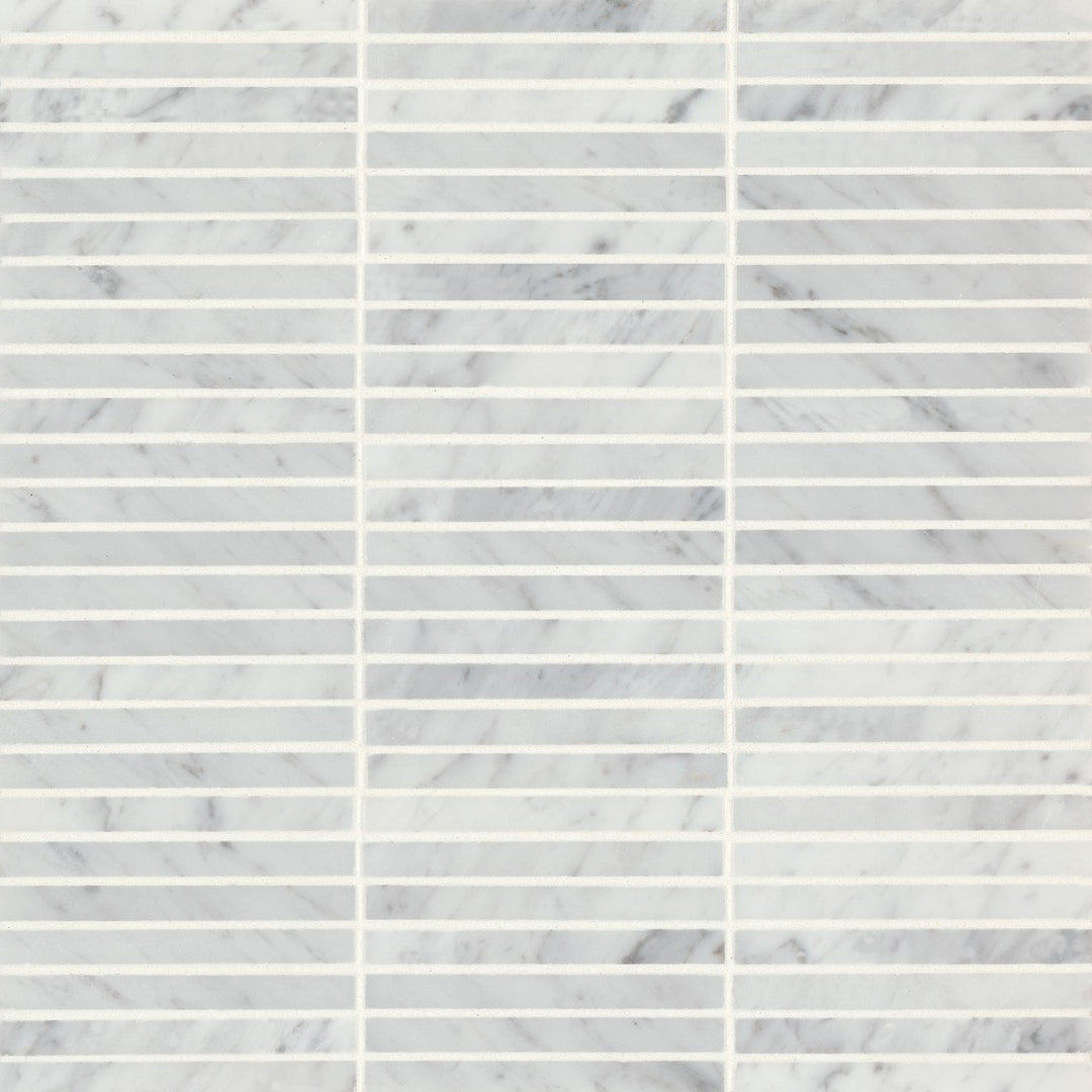 A high-definition top-down view of Monet White Carrara Honed Marble Mosaic 3 brings out its smooth honed texture, accentuated with soft veining for a timeless look.