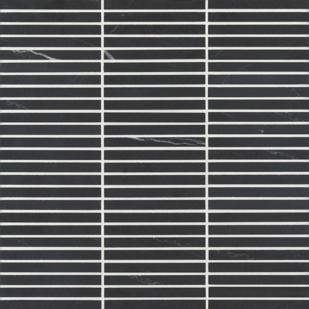 Top-down view of Monet Nero Marquina Honed Marble Mosaic, featuring deep black tones with intricate veining for a classic, luxurious appeal.