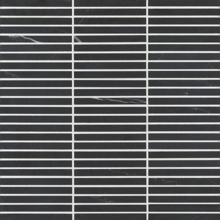 Top-down view of Monet Nero Marquina Honed Marble Mosaic, featuring deep black tones with intricate veining for a classic, luxurious appeal.