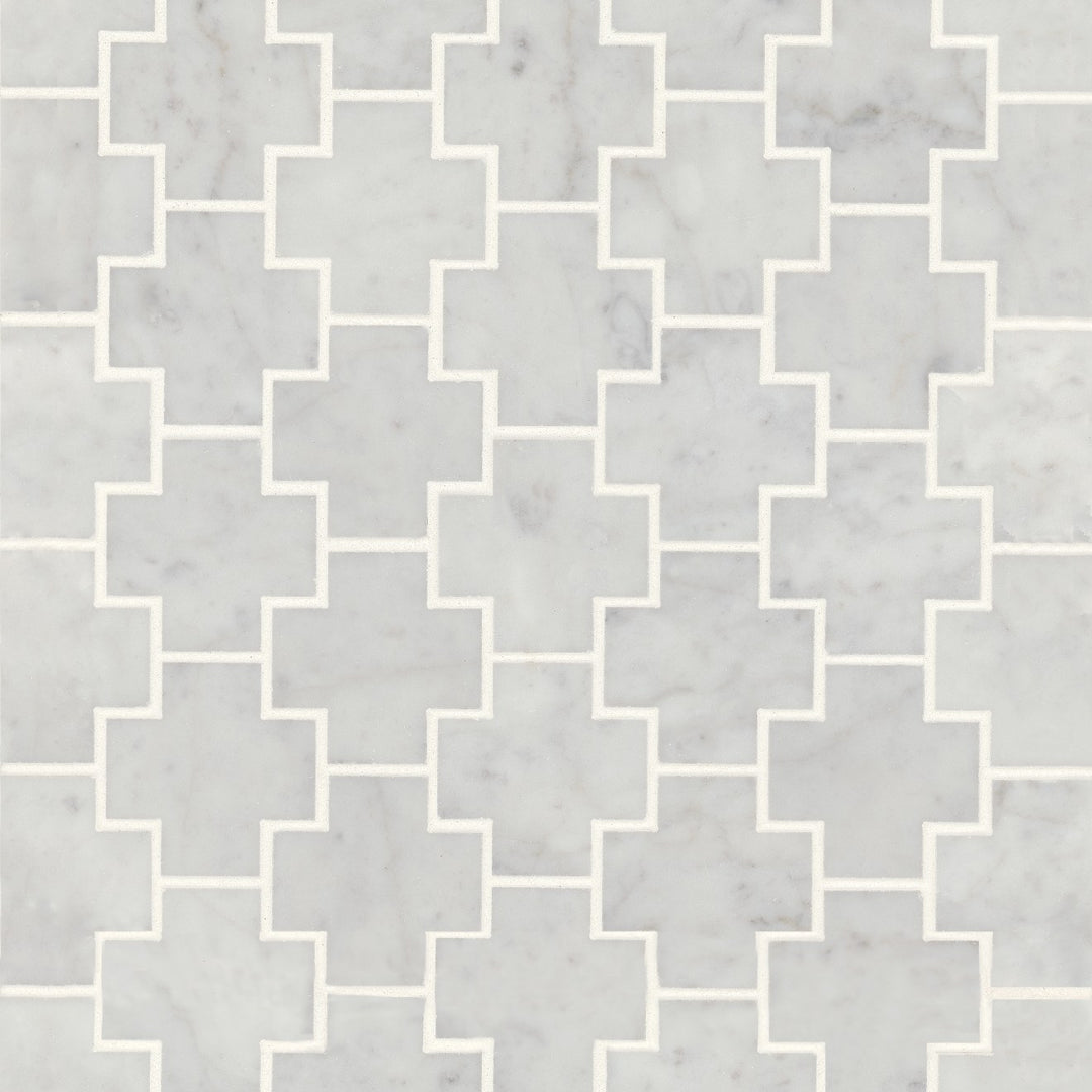 Overhead shot of Monet White Carrara Honed Marble Mosaic, showcasing its soft white background with elegant grey veins for a timeless marble aesthetic.