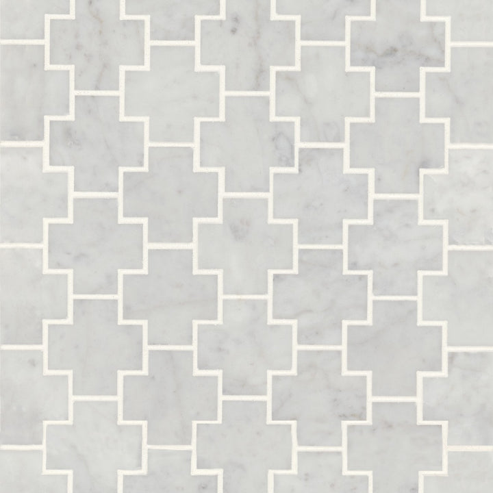 Overhead shot of Monet White Carrara Honed Marble Mosaic, showcasing its soft white background with elegant grey veins for a timeless marble aesthetic.