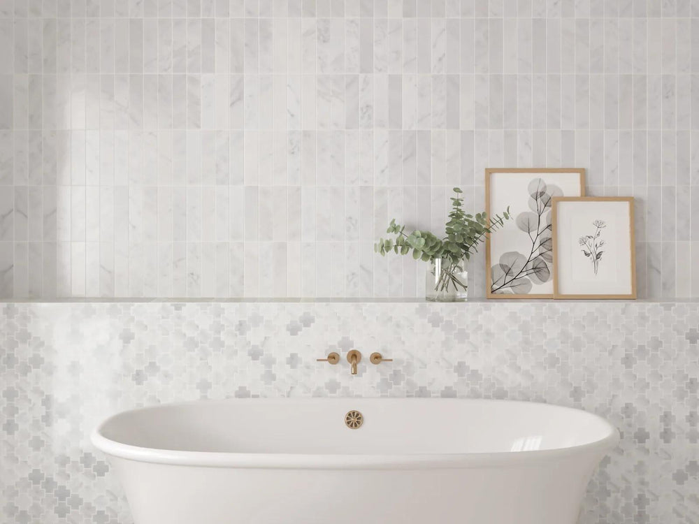 Monet Oriental White honed marble mosaic offers a perfect balance of classic and contemporary aesthetics, ideal for a polished and serene atmosphere.