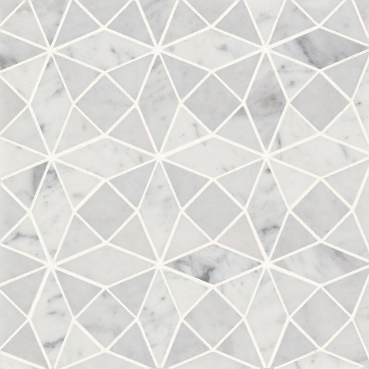 Top-view of Monet White Carrara Honed Marble Mosaic, illustrating a harmonious blend of white and soft grey tones with natural movement.