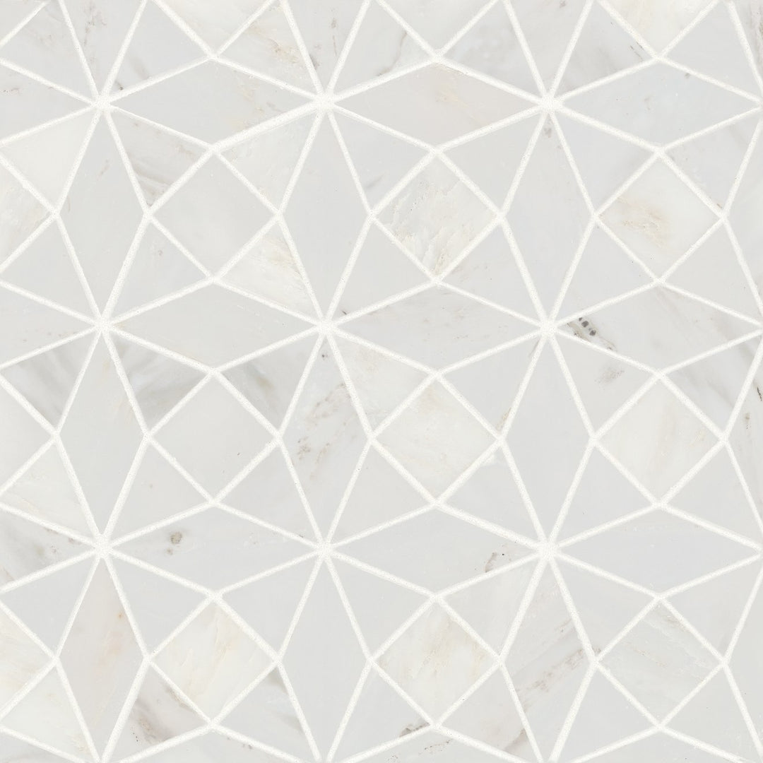 Close-up top-down shot of Monet Oriental White Honed Marble Mosaic, presenting a luminous white surface with delicate, marble-inspired detail.