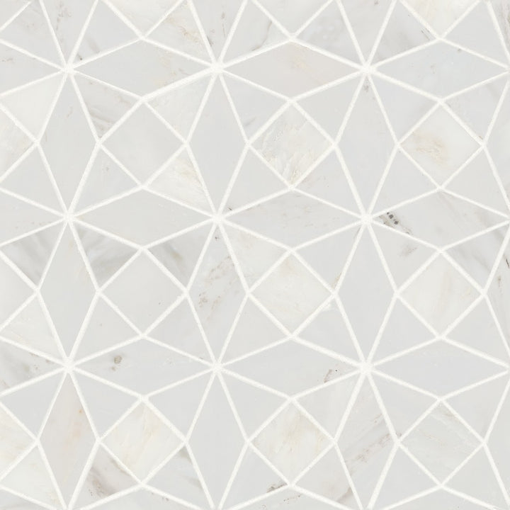 Close-up top-down shot of Monet Oriental White Honed Marble Mosaic, presenting a luminous white surface with delicate, marble-inspired detail.