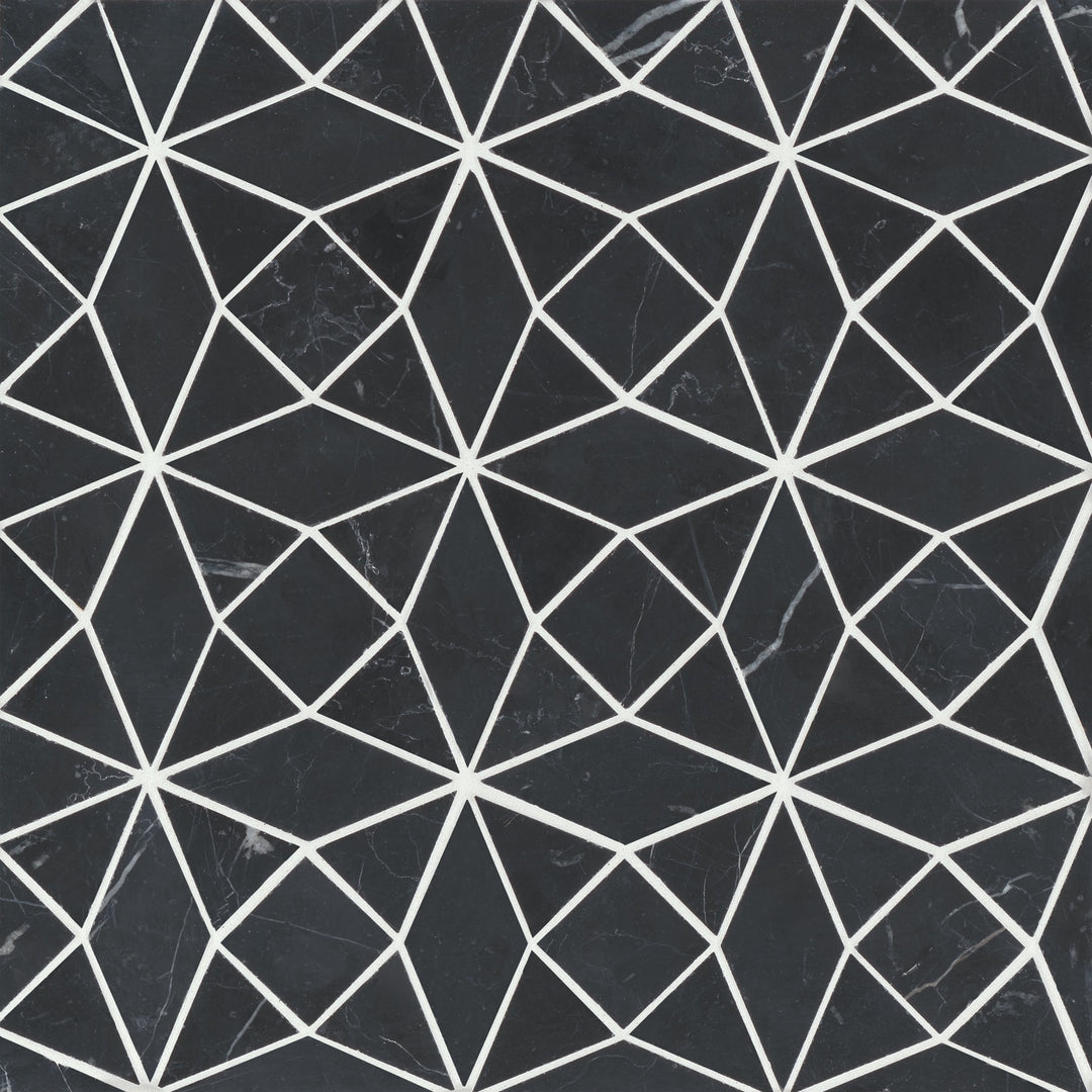 Overhead image of Monet Nero Marquina Honed Marble Mosaic, emphasizing the dramatic black marble texture with bold yet organic veining.