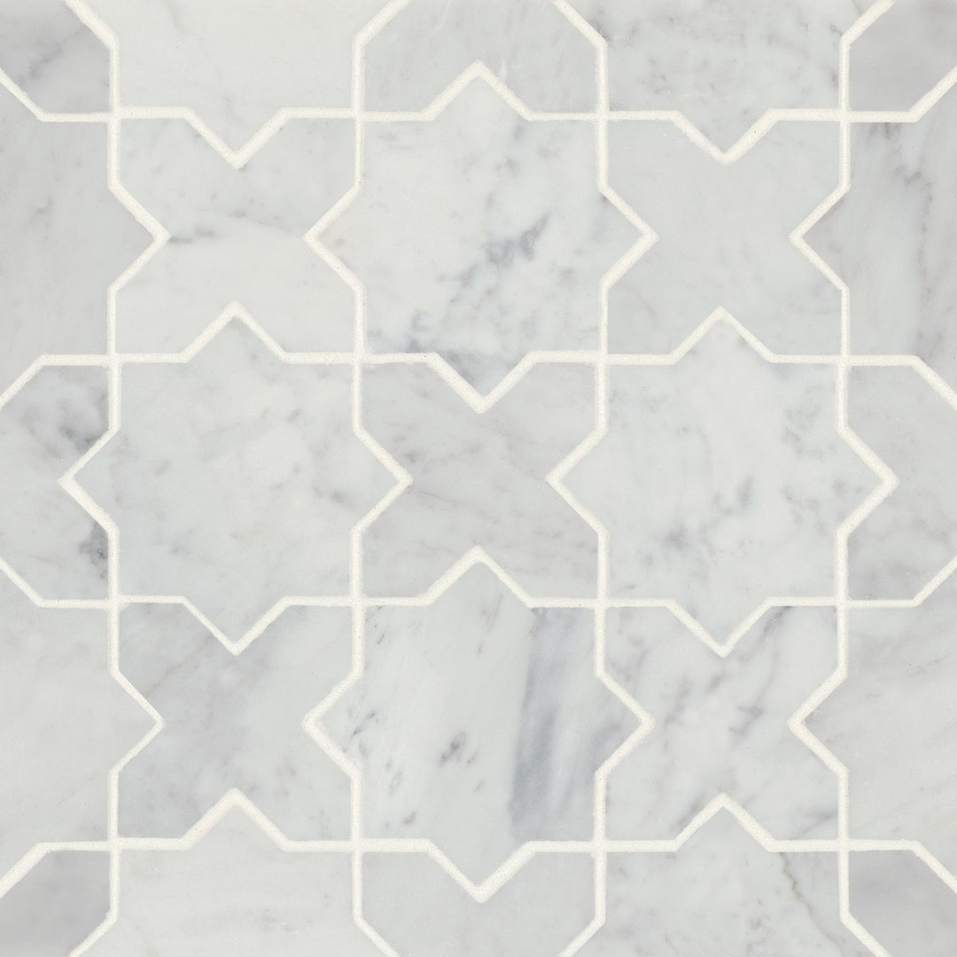 Top-down view of Monet White Carrara Honed Marble Mosaic 6, showcasing its pristine white surface with soft grey veining for a timeless elegance.