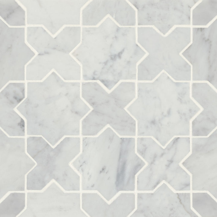 Top-down view of Monet White Carrara Honed Marble Mosaic 6, showcasing its pristine white surface with soft grey veining for a timeless elegance.