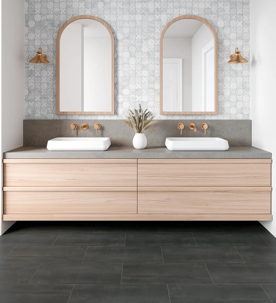 A refined setting highlighted by Monet White Carrara Honed Marble Mosaic, where its honed finish enhances the natural beauty of the marble.