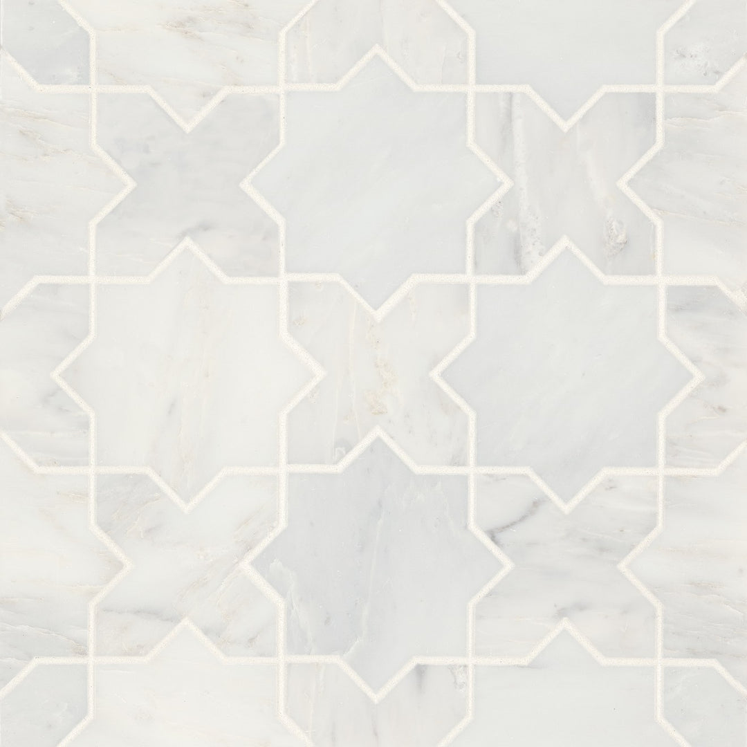 Flat lay of Monet Oriental White Honed Marble Mosaic 6, displaying a refined white background with subtle veining for a sophisticated marble look.