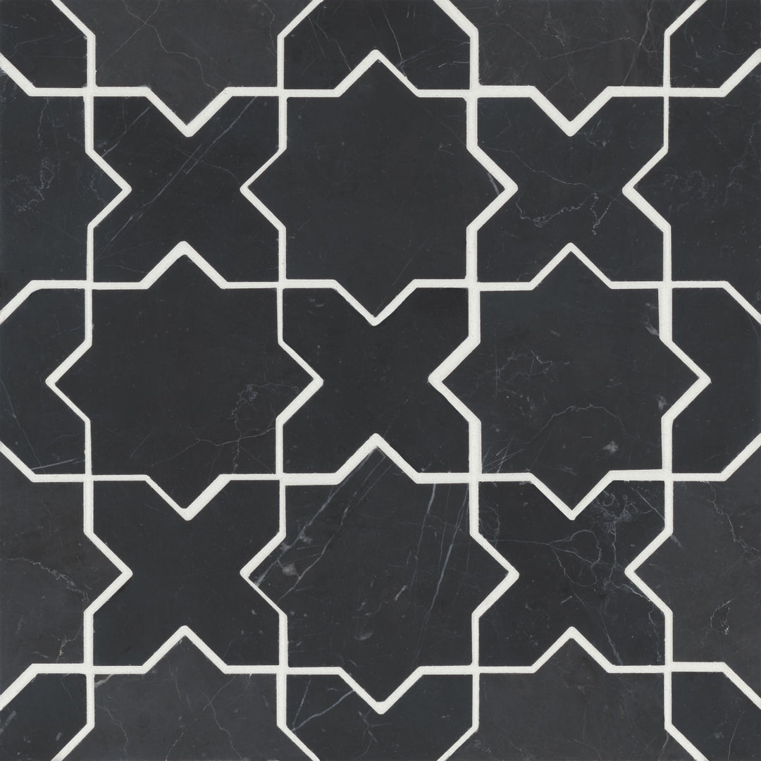 Overhead shot of Monet Nero Marquina Honed Marble Mosaic 6, featuring deep black hues with bold, intricate veining for a striking visual contrast.
