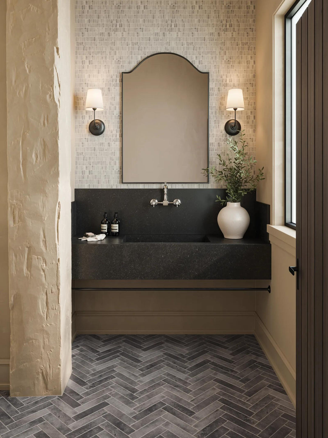 A sophisticated interior complemented by Monet White Carrara Honed Marble Mosaic, offering a seamless blend of texture and elegance.