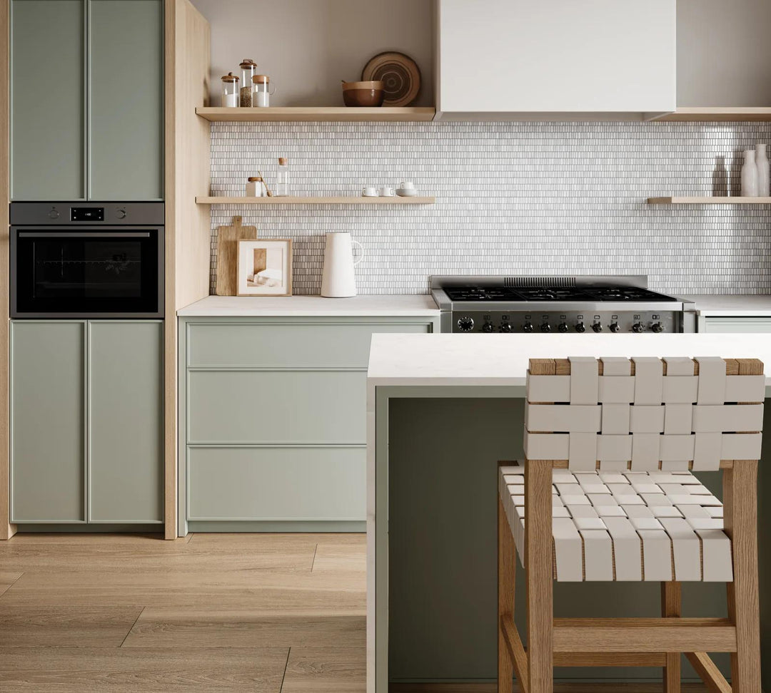 A graceful arrangement of Monet Oriental White Honed Marble Mosaic, where its delicate veining and smooth honed texture add understated luxury.