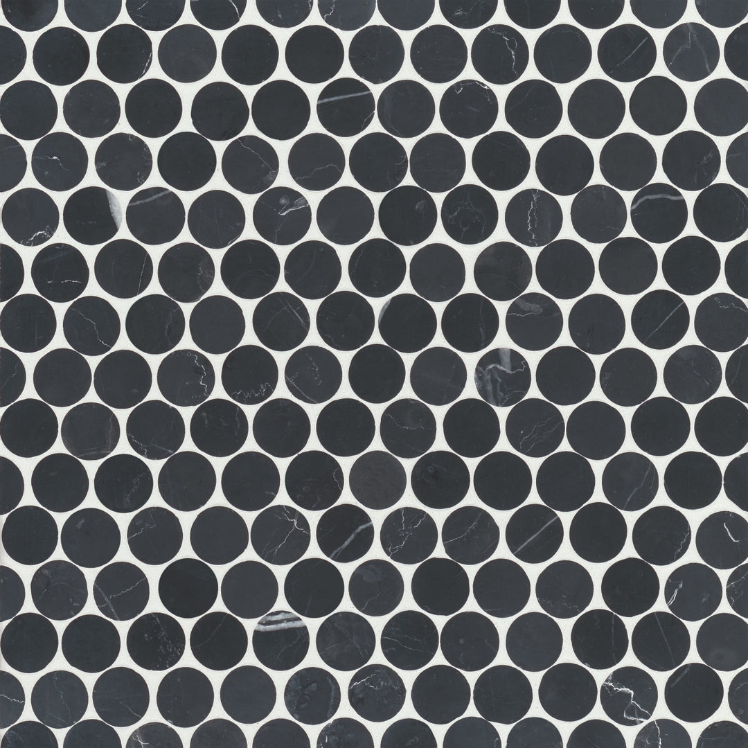 Overhead shot of Monet Nero Marquina Honed Marble Mosaic 8, highlighting deep black hues contrasted by striking white veining for a bold, dramatic effect.