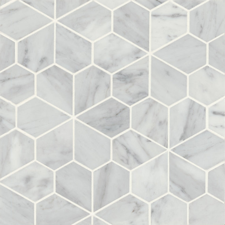 Flat lay of Monet White Carrara Honed Marble Mosaic 9, featuring a pristine white background with subtle grey veining, ideal for classic marble aesthetics.
