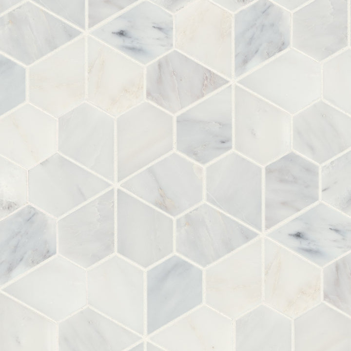 Top-down perspective of Monet Oriental White Honed Marble Mosaic 9, displaying its crisp white tones with soft, natural veining for a timeless marble texture.