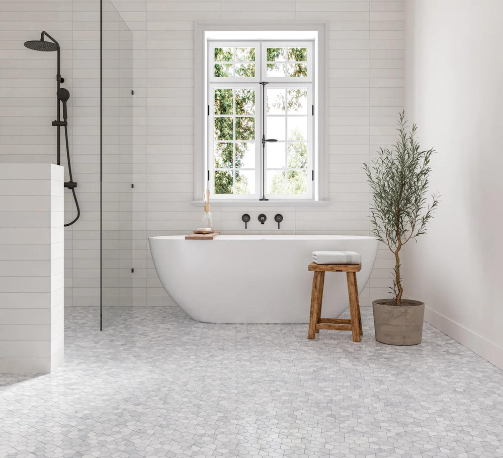 For those who seek a balance of warmth and sophistication, Monet Oriental White honed marble mosaic provides a harmonious and timeless aesthetic.
