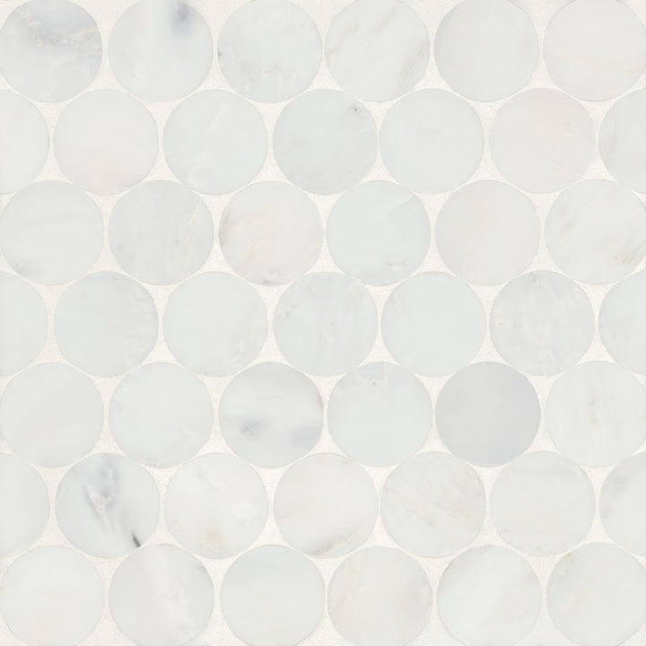 Close-up top-down shot of Monet Oriental White Honed Marble Mosaic 10, presenting a bright white background with delicate veining, exuding sophistication.
