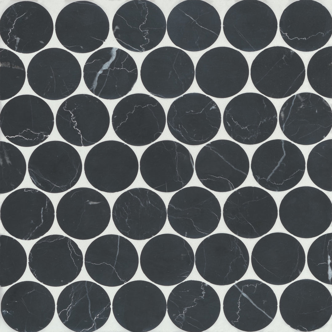 Aerial perspective of Monet Nero Marquina Honed Marble Mosaic 10, showcasing bold black marble with prominent white veining for an eye-catching, classic look.