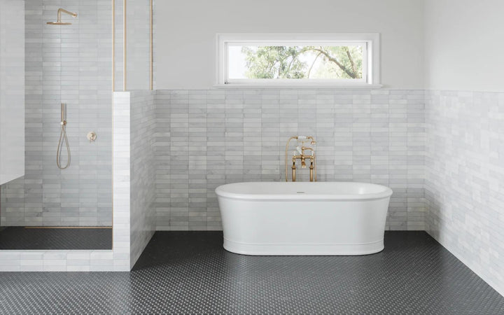 Dramatic contrast and sleek refinement define Monet Nero Marquina honed marble mosaic, a bold statement piece for sophisticated interiors.