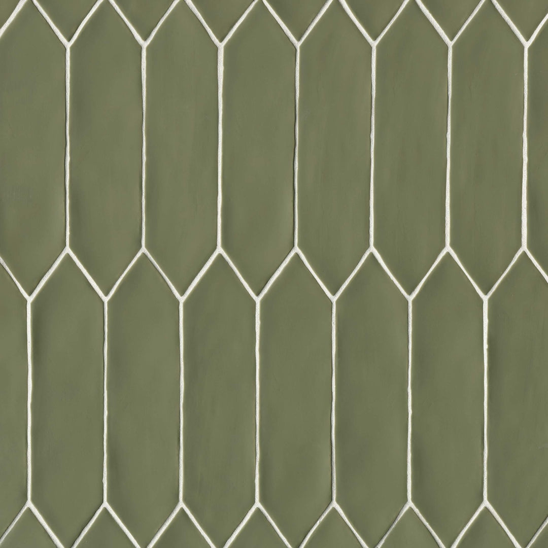 Overhead shot of Reine Castle Moss Green 3X12 Matte Glazed Ceramic, showcasing its rich moss green hue with a velvety matte surface for a natural, earthy appeal.