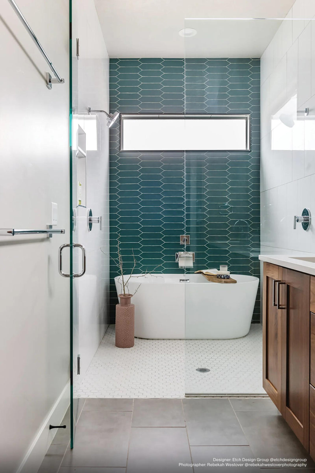 A deep and bold ambiance featuring Reine Dark Teal 3X12 Matte Glazed Ceramic, where its matte finish brings a rich and contemporary touch.