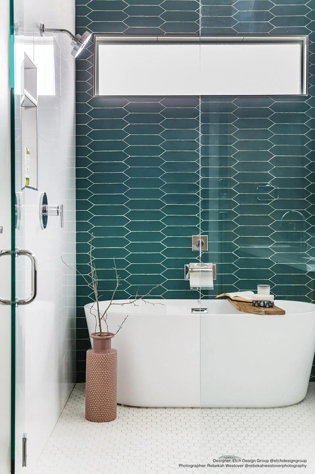 A bold dark teal matte glazed ceramic tile, Reine Dark Teal 3x12 adds a deep and dramatic color accent.