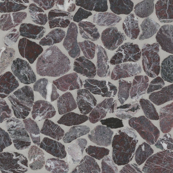 Top-down perspective of Waterbrook Rosso Levanto Sliced Pebble Natural Stone Mosaic, highlighting a rich blend of deep red and burgundy pebbles with a natural, organic appeal.