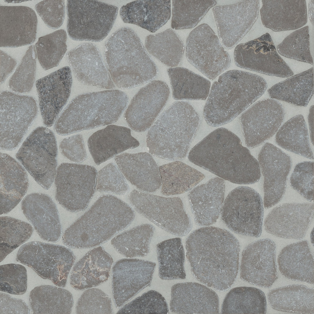Overhead image of Waterbrook Pewter Grey Sliced Pebble Natural Stone Mosaic, featuring an array of cool grey pebbles with varied tones and textures for a rustic yet refined look.