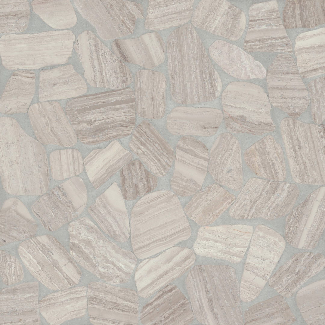 Top-down view of Waterbrook Ashen Grey Sliced Pebble Natural Stone Mosaic, featuring an array of muted grey pebbles with smooth, organic textures for a natural finish.