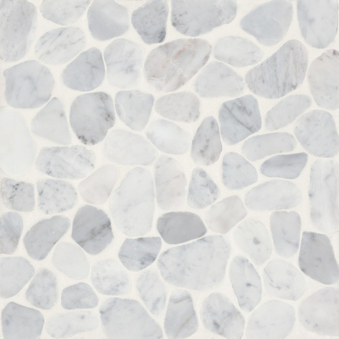 Overhead shot of Waterbrook White Carrara Medium Sliced Pebble Natural Stone Mosaic, showcasing a soft white marble base with gentle grey veining for a refined pebble look.