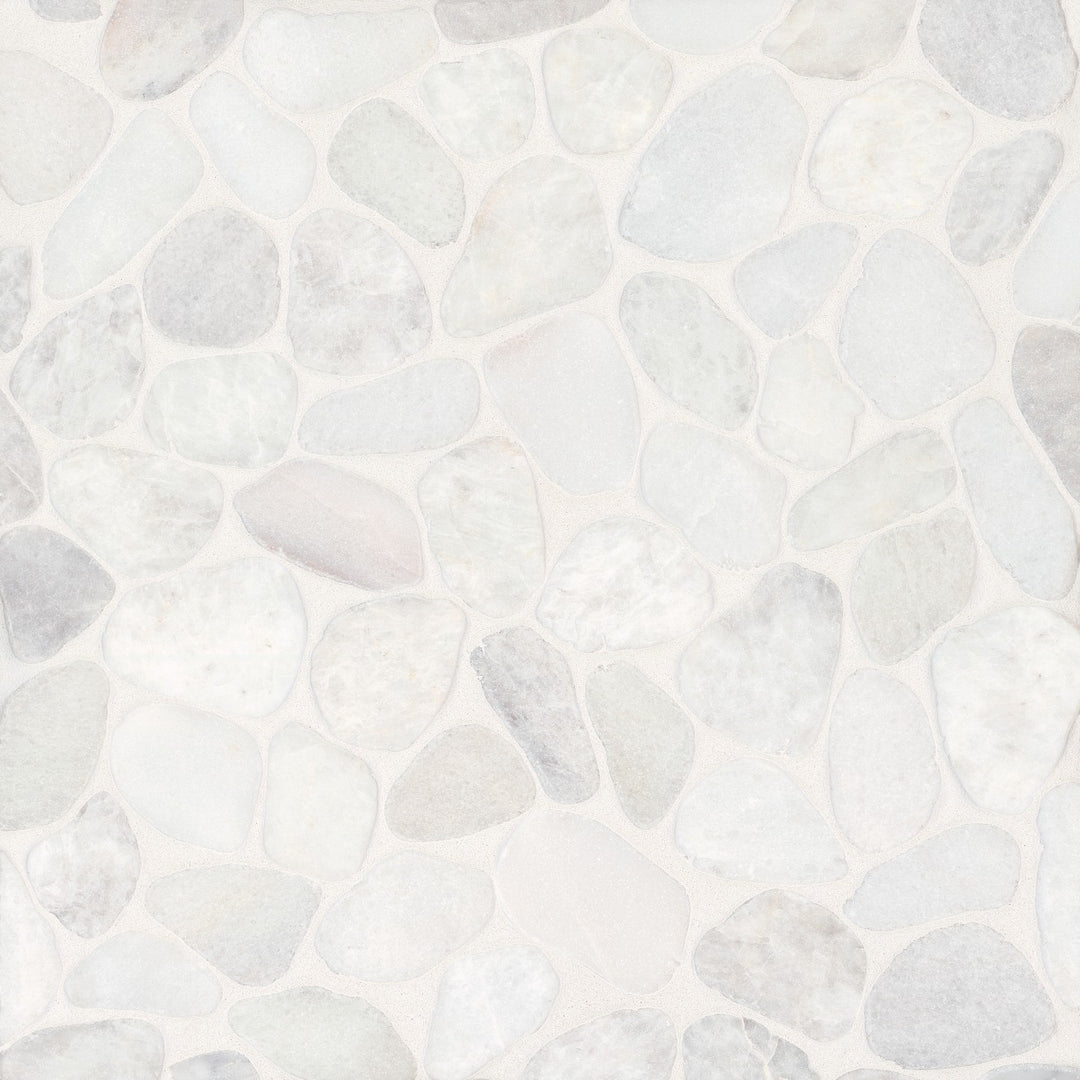 Top-down perspective of Waterbrook Thassos Sliced Pebble Natural Stone Mosaic, presenting a crisp white pebble arrangement with a polished look for a bright and airy design.