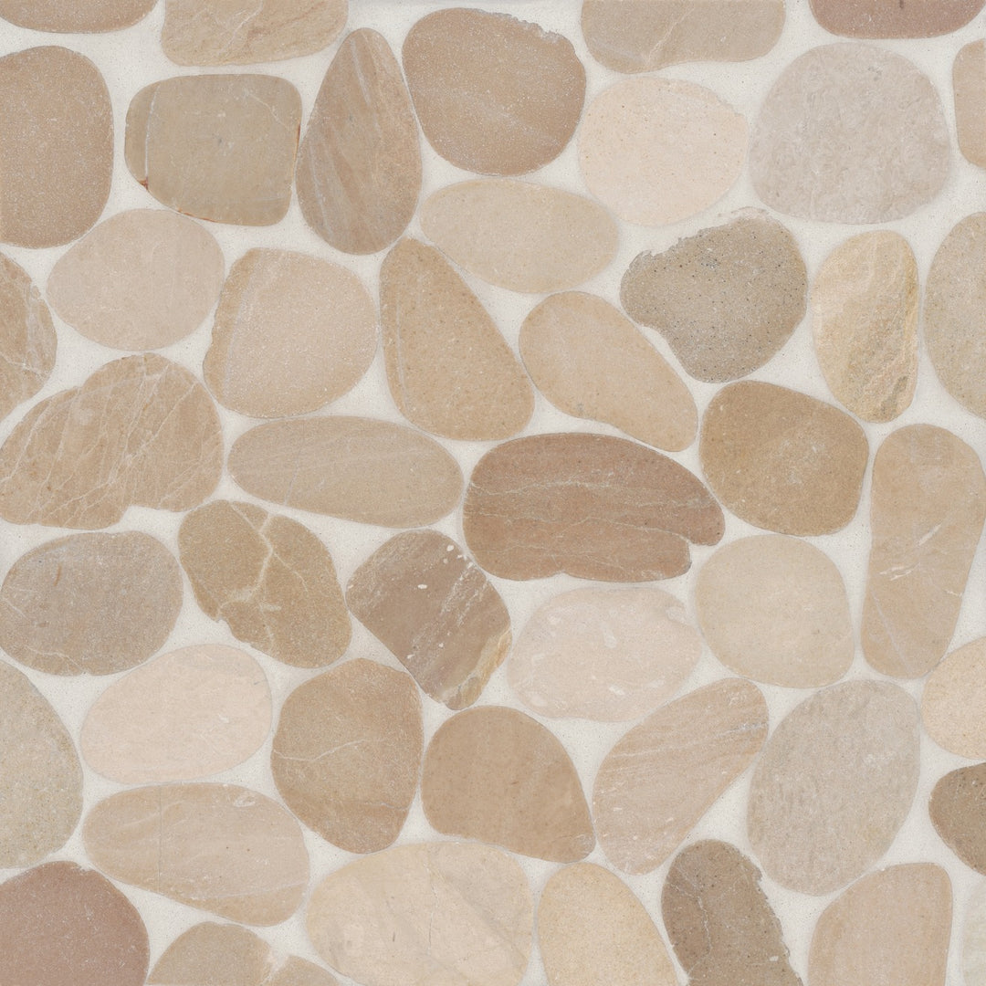 Top-view of Waterbrook Tan Sliced Pebble Natural Stone Mosaic, illustrating warm beige and golden hues with organic shapes for a naturally earthy and inviting aesthetic.