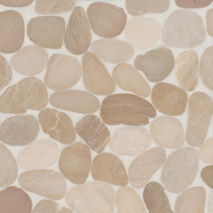 Top-view of Waterbrook Tan Sliced Pebble Natural Stone Mosaic, illustrating warm beige and golden hues with organic shapes for a naturally earthy and inviting aesthetic.