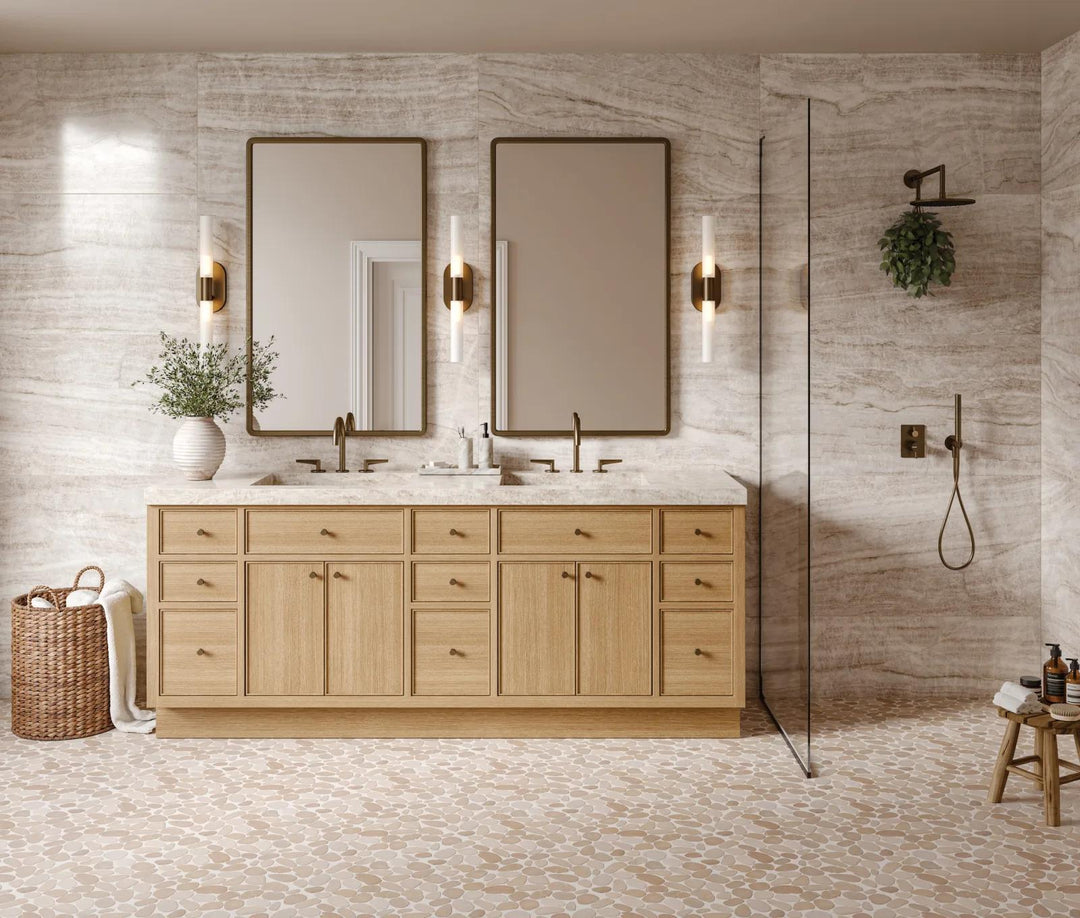 A natural and organic feel is brought to life with Waterbrook Tan Sliced Pebble Natural Stone Mosaic, adding earthy textures and rustic warmth.