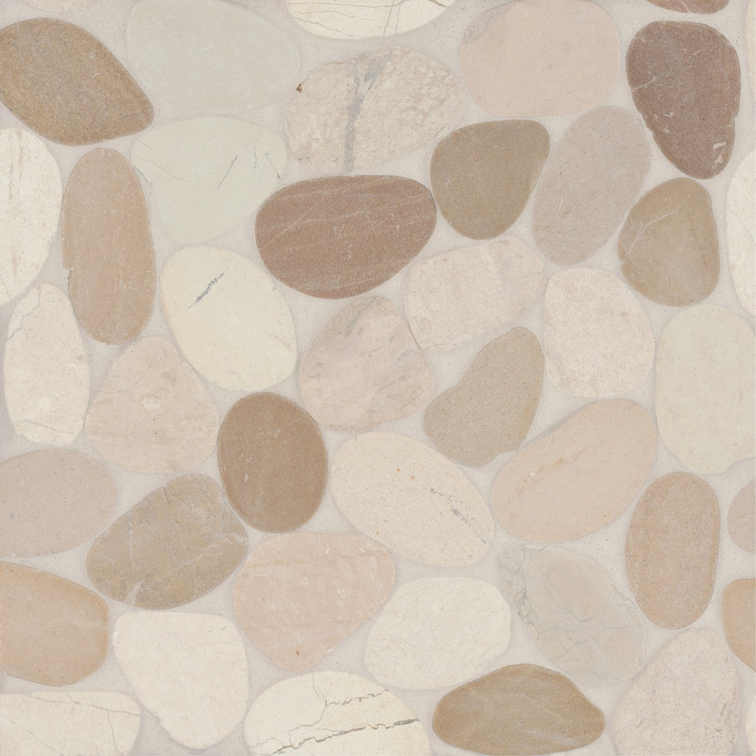 Top-down view of Waterbrook White/Tan Sliced Pebble Natural Stone Mosaic, featuring a harmonious mix of creamy whites and warm tan pebbles for a naturally soothing aesthetic.