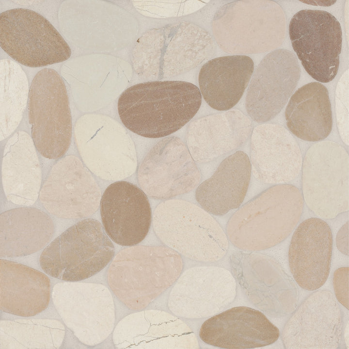 Top-down view of Waterbrook White/Tan Sliced Pebble Natural Stone Mosaic, featuring a harmonious mix of creamy whites and warm tan pebbles for a naturally soothing aesthetic.