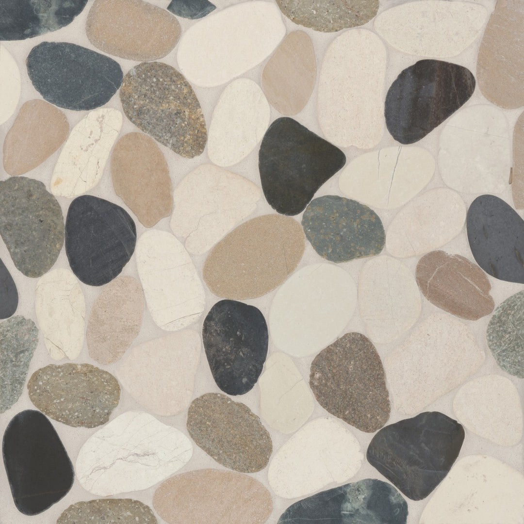 Flat lay of Waterbrook Malaga Bay Sliced Pebble Natural Stone Mosaic, displaying a diverse blend of earthy and coastal tones, ideal for adding a natural beach-inspired feel.