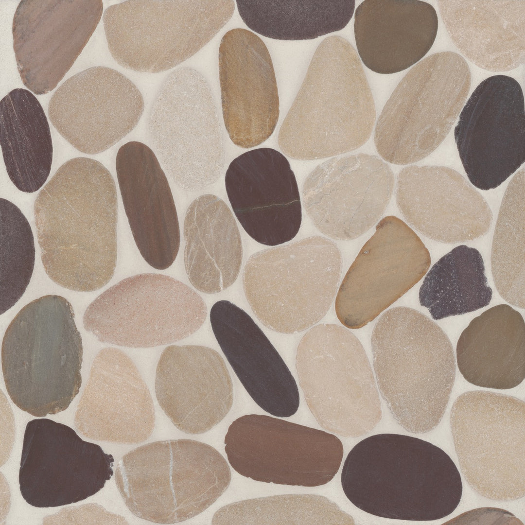 Aerial view of Waterbrook Tan/Brown/Cherry Sliced Pebble Natural Stone Mosaic, highlighting a unique mix of warm neutral and deep cherry-red hues for a vibrant yet natural look.
