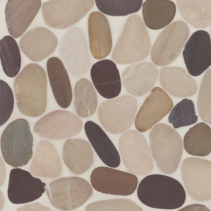 Aerial view of Waterbrook Tan/Brown/Cherry Sliced Pebble Natural Stone Mosaic, highlighting a unique mix of warm neutral and deep cherry-red hues for a vibrant yet natural look.