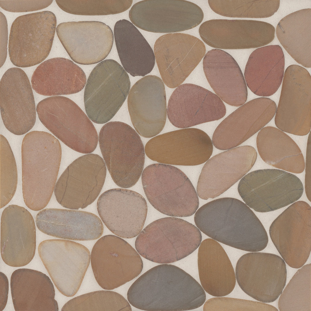 Top-down perspective of Waterbrook Brown Sliced Pebble Natural Stone Mosaic, emphasizing rich brown pebbles with varied organic shapes for an earthy and rustic charm.