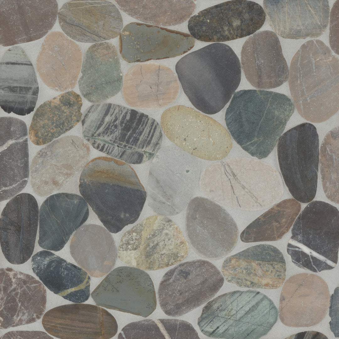 Overhead image of Waterbrook Grey Mix Sliced Pebble Natural Stone Mosaic, featuring a blend of soft and deep greys for a balanced, contemporary pebble texture.